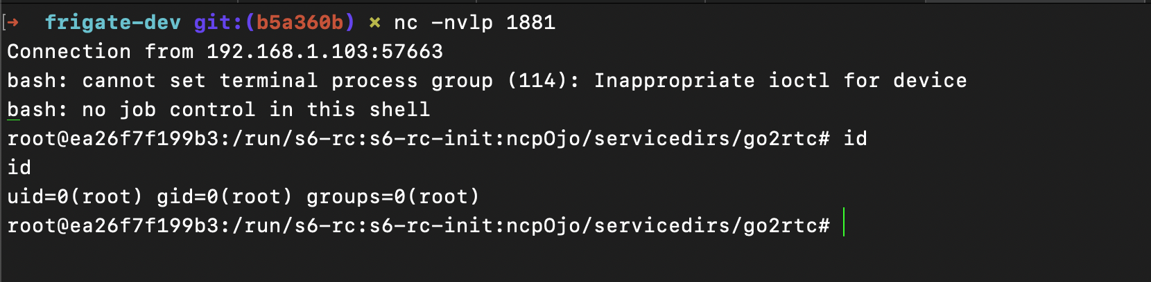 nc listener: root shell received